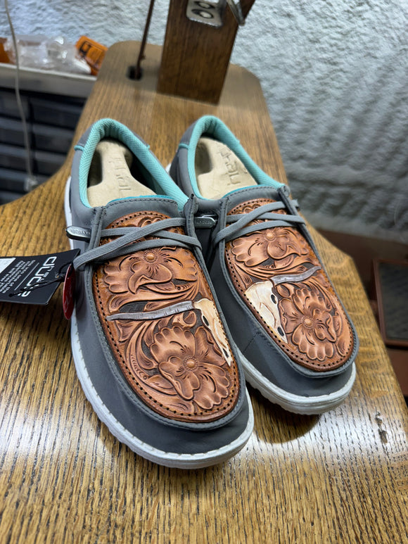 Women's Gray Hey Dude w/ Traditional Longhorn Leather Tooling