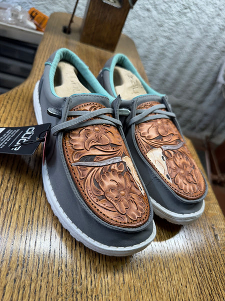 Women's Gray Hey Dude w/ Traditional Longhorn Leather Tooling