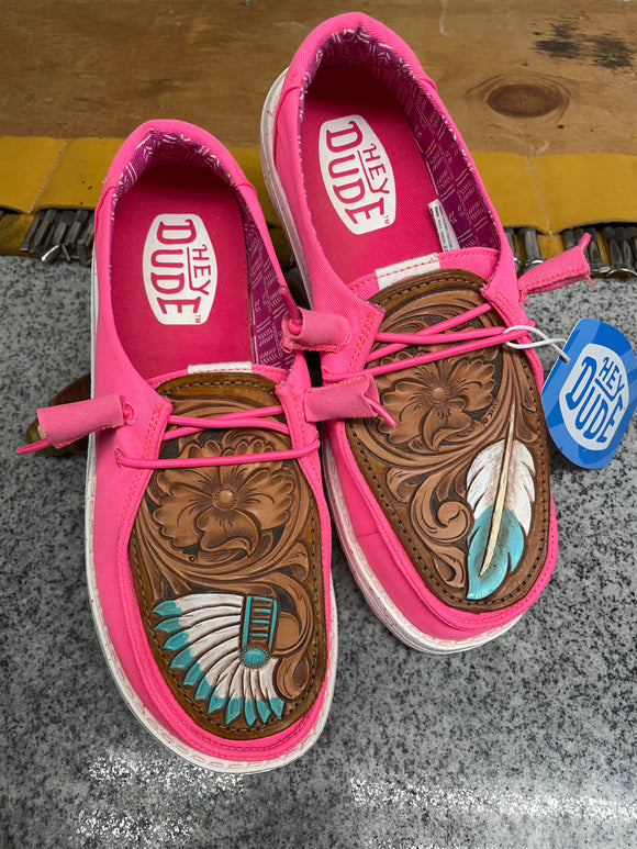 Women's Pink Hey Dude w/ Leather Tooled Feather Headdress