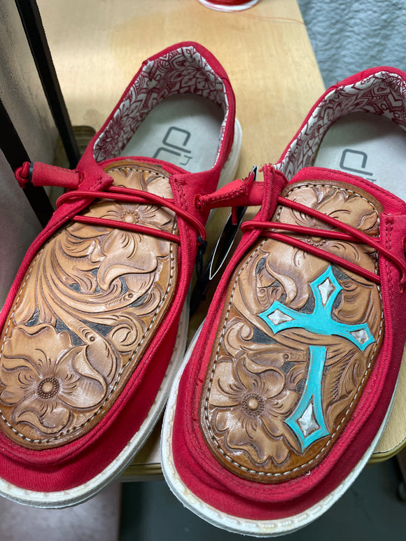 Women's Red Hey Dude w/ Leather Tooled Turquoise Cross