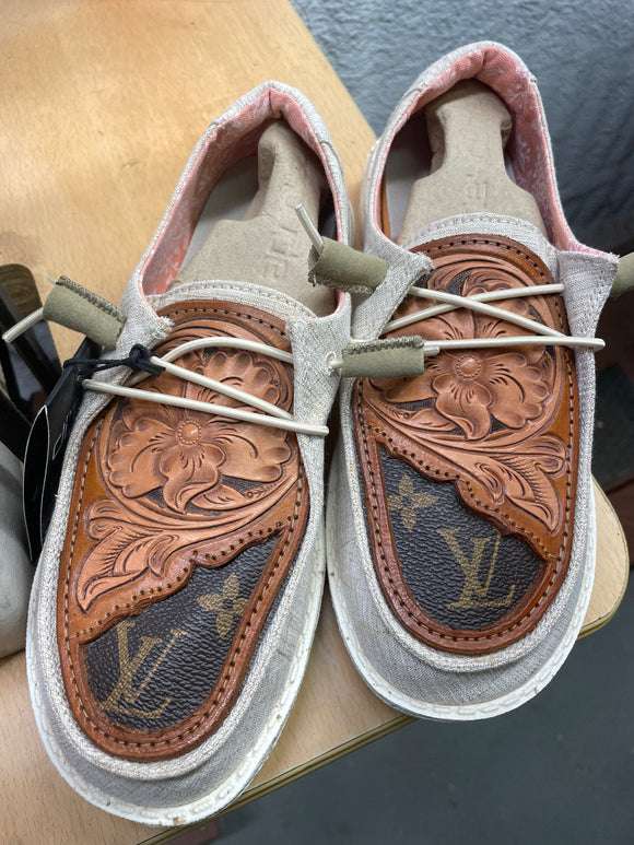 Women's Beige Hey Dude w/Leather Tooled L.V. Inlay