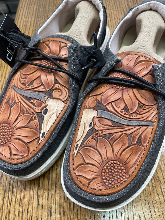 Women's Charcoal Hey Dude w/ Leather Tooled Floral Longhorn