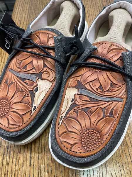 Women's Charcoal Hey Dude w/ Leather Tooled Floral Longhorn