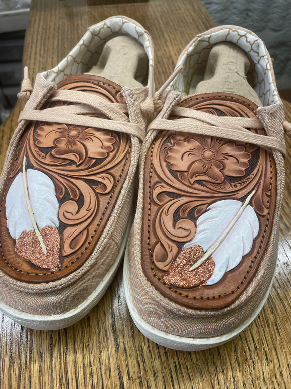 Women's Rose Gold Hey Dude w/ Leather Tooled Feathers
