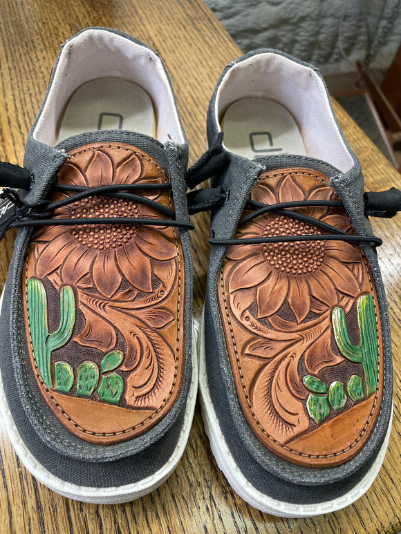 Women's Charcoal Hey Dude w/ Leather Tooled Sunflower Cactus