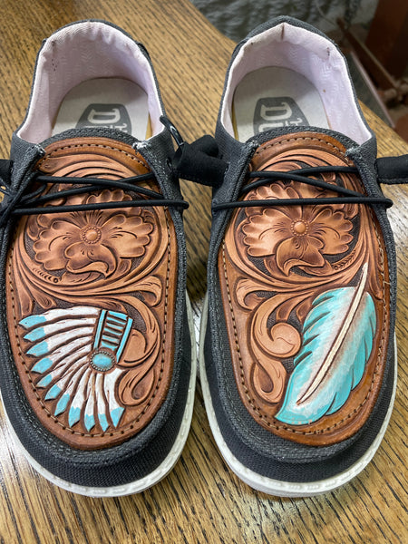 Women's Charcoal Hey Dude w/Leather Tooled Headdress