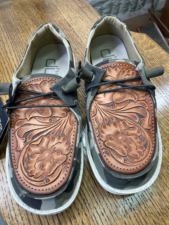 Women's Camo Hey Dude w/ Traditional Leather Tooling