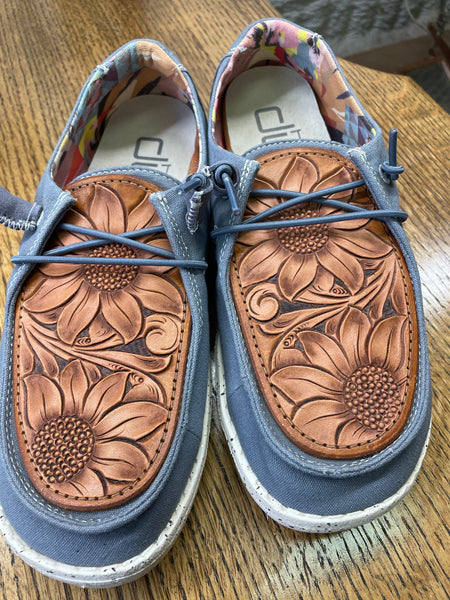 Women's Gray Hey Dude w/ Leather Tooled Sunflower