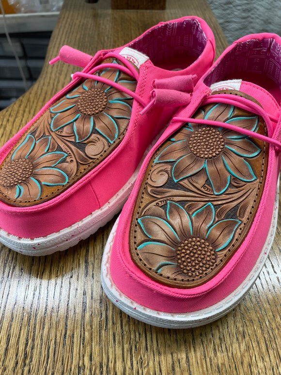 Women's Pink Hey Dude w/ Leather Tooled Sunflower w/ Turquoise