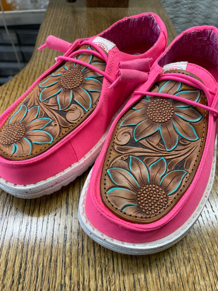 Women's Pink Hey Dude w/ Leather Tooled Sunflower w/ Turquoise