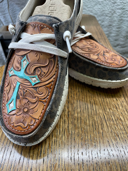 Women's Jungle Brown Hey Dude w/ Leather Tooled Cross