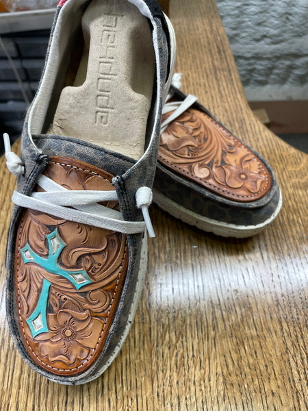 Women's Jungle Brown Hey Dude w/ Leather Tooled Cross