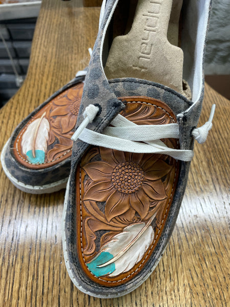 Women's Jungle Brown Hey Dude w/ Leather Tooled Feathers