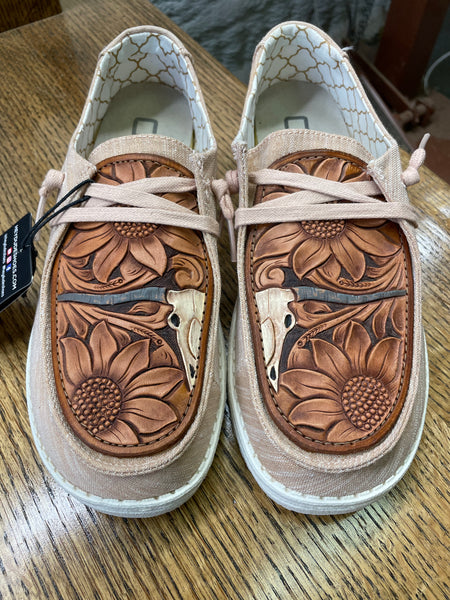 Women's Rose Gold Hey Dude w/ Leather Tooled Long Horn