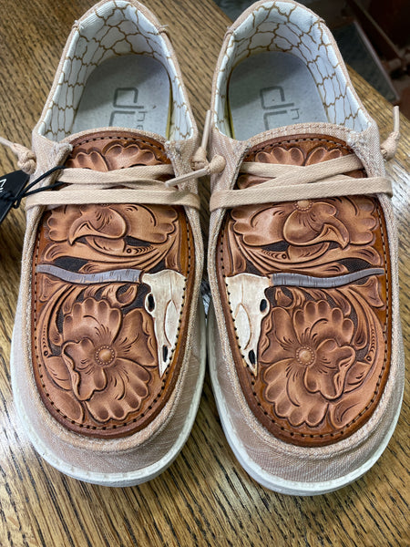 Women's Rose Gold Hey Dude w/ Leather Tooled Long Horn