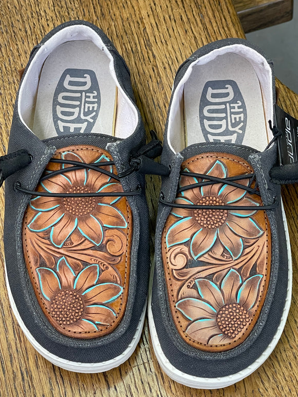 Women's Black Hey Dude w/ Leather Tooled Sunflower w/Turquoise