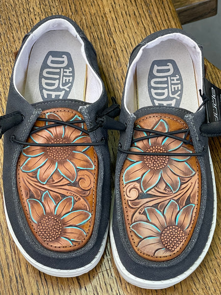 Women's Black Hey Dude w/ Leather Tooled Sunflower w/Turquoise