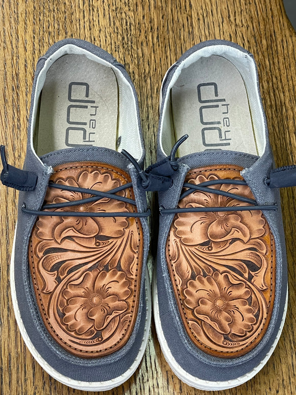 Women's Charcoal Hey Dude w/ Traditional Leather Tooling