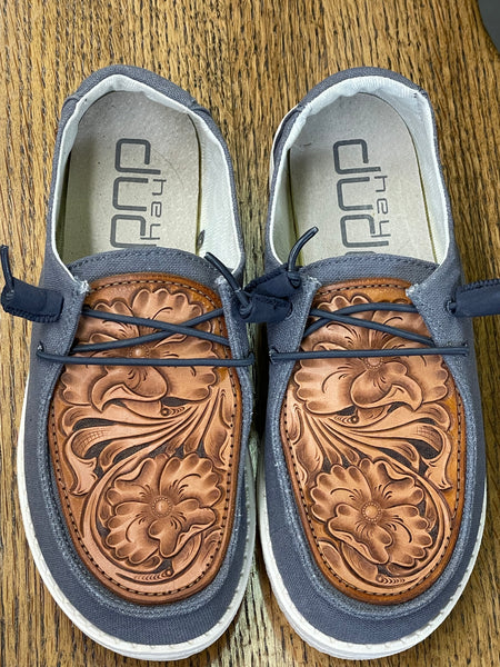 Women's Charcoal Hey Dude w/ Traditional Leather Tooling