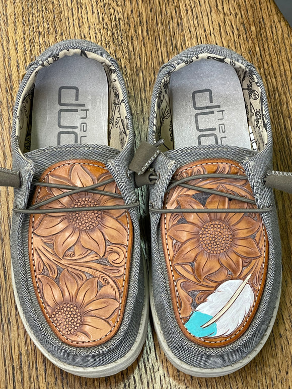 Women's Green Hey Dude w/ Leather Tooled Feather