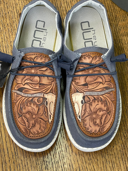 Women's Charcoal Hey Dude w/ Leather Tooled Floral Longhorn