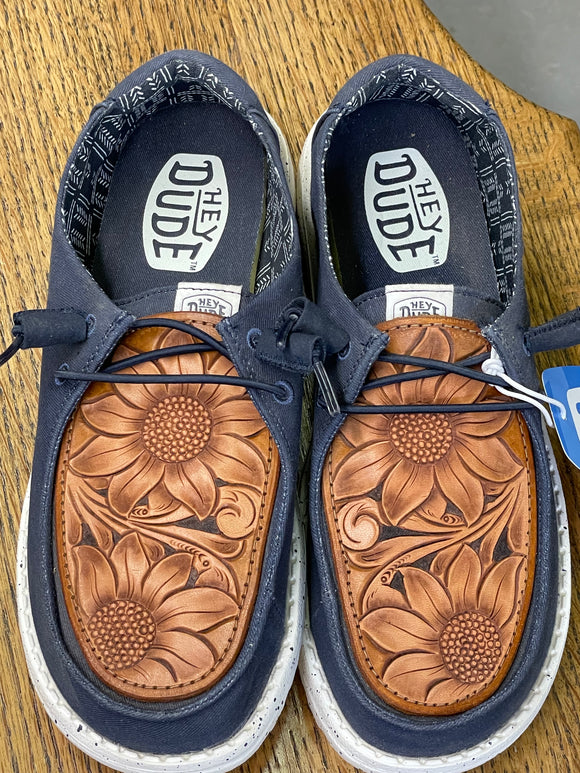 Women's Navy Hey Dude w/ Leather Tooled Traditional or Sunflower