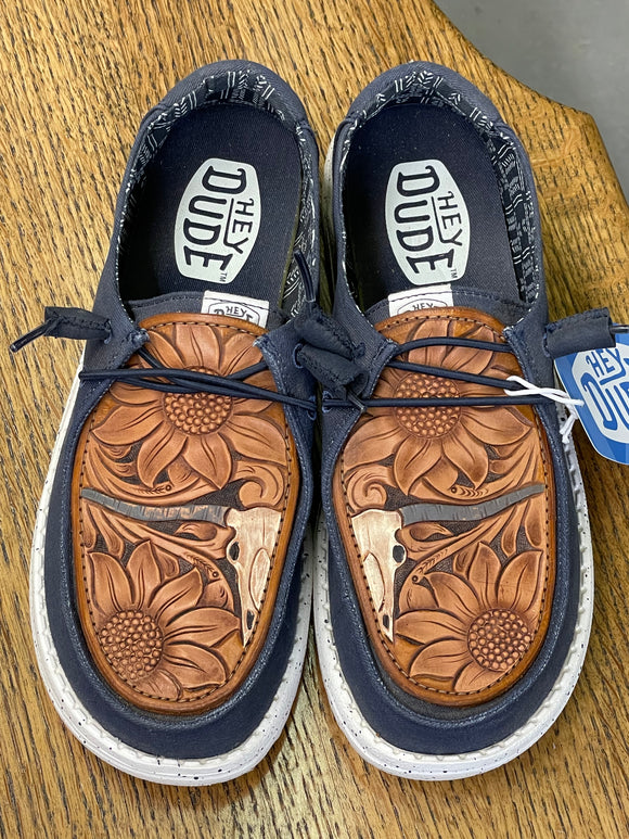 Women's Navy Hey Dude w/ Leather Tooled Longhorn