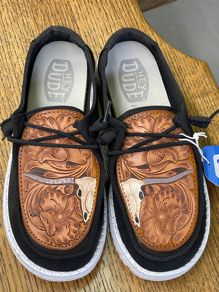 Women's Black Hey Dude w/ Leather Tooled Longhorn