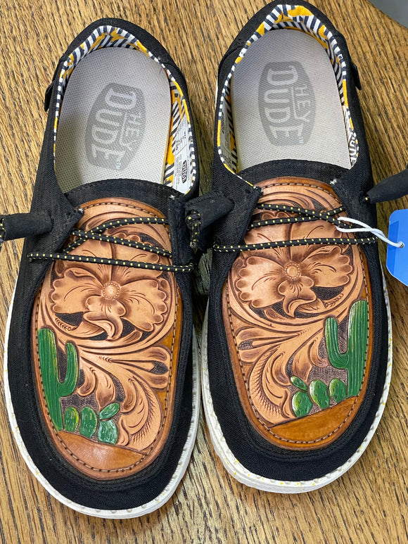 Women's Black Hey Dude w/Leather Tooled Cactus