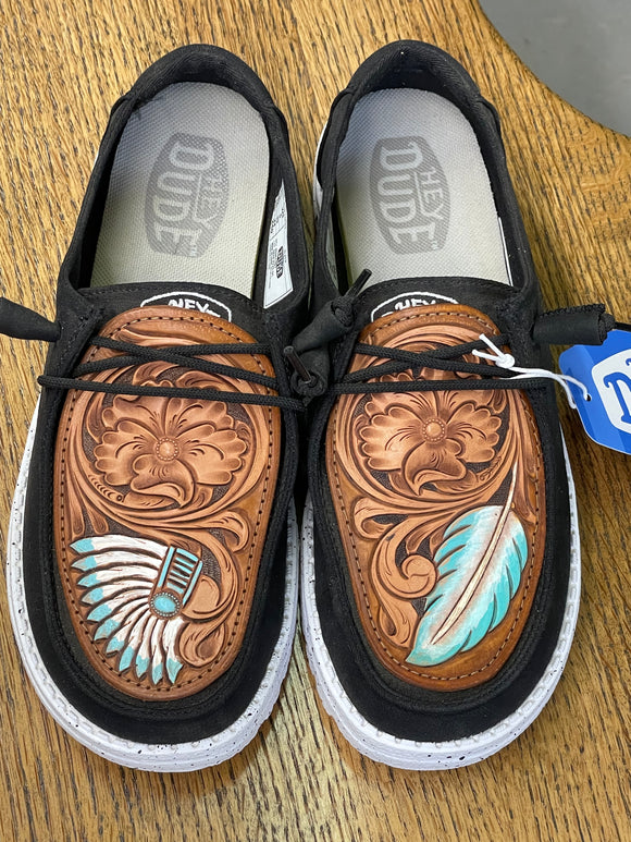 Women's Black Hey Dude w/ Leather Tooled Headdress