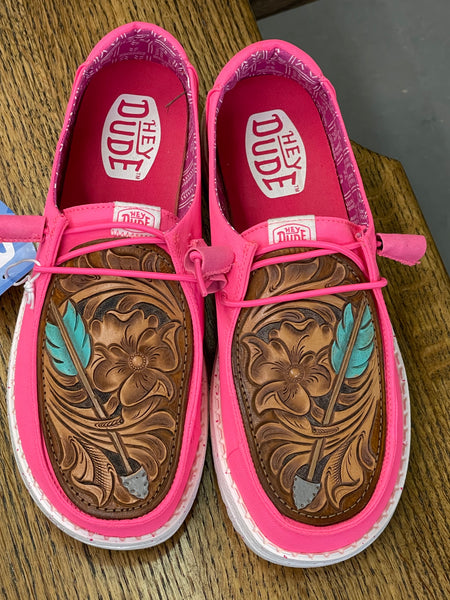 Women's Pink Hey Dude w/ Leather Tooled Arrow