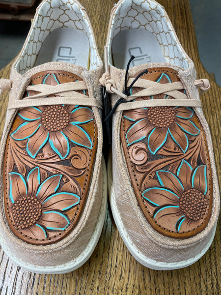 Women's Rose Gold Hey Dude w/ Leather Tooled Sunflower w/Turquoise