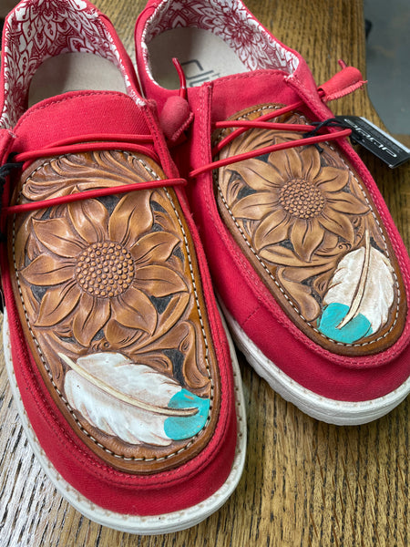 Women's Red Hey Dude w/ Leather Tooled Feathers