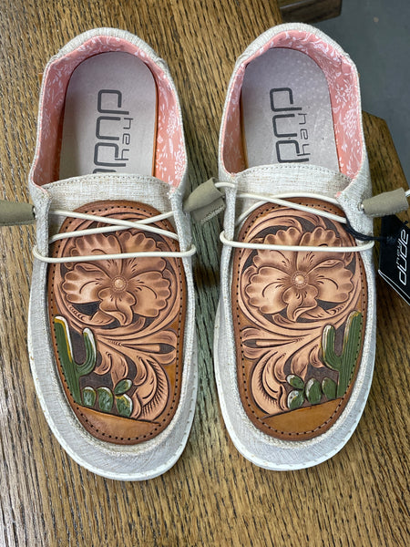 Women's Beige Hey Dude w/ Leather Tooled Cactus