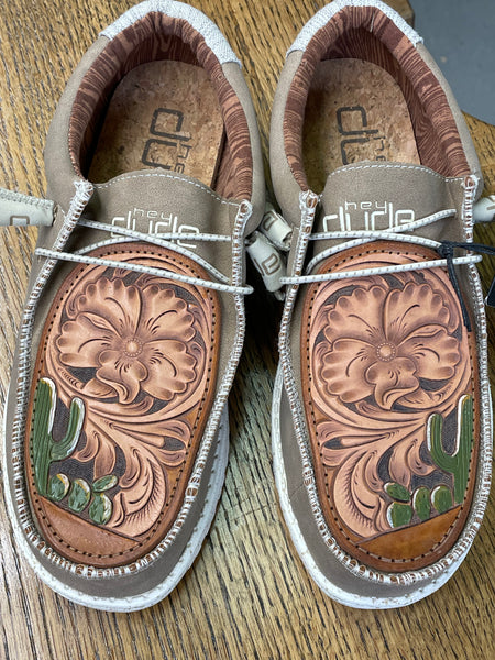 Women's Tan Wally Hey Dude w/ Leather Tooled Cactus