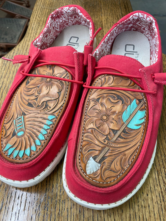 Women's Red Hey Dude w/ Leather Tooled Arrow