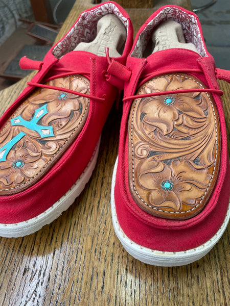 Women's Red Hey Dude w/ Leather Tooled Turquoise Cross