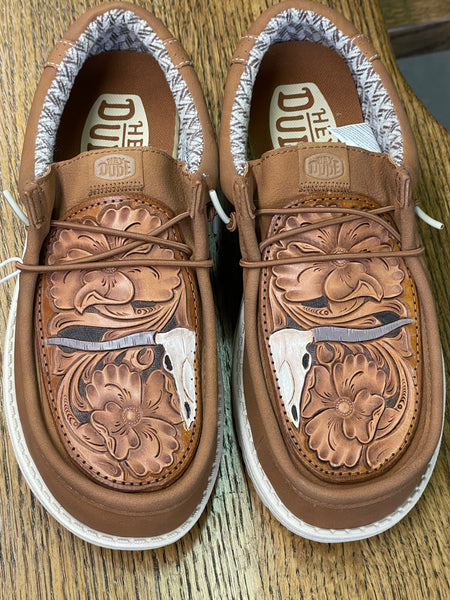 Men's Brown Leather Hey Dude w/ Leather Tooled Longhorn