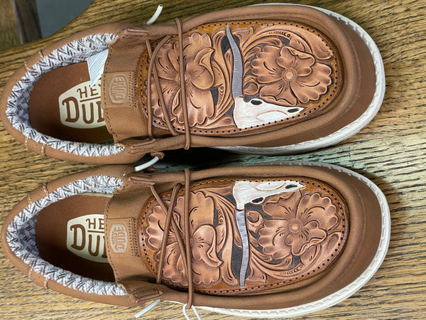 Men's Brown Leather Hey Dude w/ Leather Tooled Longhorn