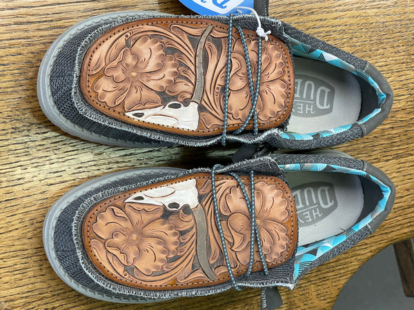 Men's Gray Canvas Hey Dude w/ Leather Tooled Longhorn